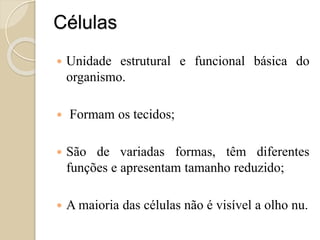 Células
 Unidade estrutural e funcional básica do
organismo.
 Formam os tecidos;
 São de variadas formas, têm diferentes
funções e apresentam tamanho reduzido;
 A maioria das células não é visível a olho nu.
 