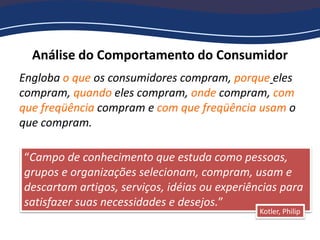 Análise do Comportamento do Consumidor
“Campo de conhecimento que estuda como pessoas,
grupos e organizações selecionam, compram, usam e
descartam artigos, serviços, idéias ou experiências para
satisfazer suas necessidades e desejos.”
Kotler, Philip
Engloba o que os consumidores compram, porque eles
compram, quando eles compram, onde compram, com
que freqüência compram e com que freqüência usam o
que compram.
 