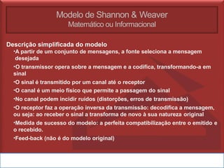 Modelo de Shannon & Weaver
Matemático ou Informacional
Descrição simplificada do modelo
•A partir de um conjunto de mensagens, a fonte seleciona a mensagem
desejada
•O transmissor opera sobre a mensagem e a codifica, transformando-a em
sinal
•O sinal é transmitido por um canal até o receptor
•O canal é um meio físico que permite a passagem do sinal
•No canal podem incidir ruídos (distorções, erros de transmissão)
•O receptor faz a operação inversa da transmissão: decodifica a mensagem,
ou seja: ao receber o sinal a transforma de novo à sua natureza original
•Medida de sucesso do modelo: a perfeita compatibilização entre o emitido e
o recebido.
•Feed-back (não é do modelo original)
 
