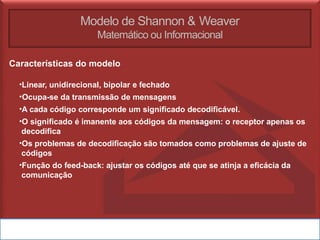 Modelo de Shannon & Weaver
Matemático ou Informacional
Características do modelo
•Linear, unidirecional, bipolar e fechado
•Ocupa-se da transmissão de mensagens
•A cada código corresponde um significado decodificável.
•O significado é imanente aos códigos da mensagem: o receptor apenas os
decodifica
•Os problemas de decodificação são tomados como problemas de ajuste de
códigos
•Função do feed-back: ajustar os códigos até que se atinja a eficácia da
comunicação
 
