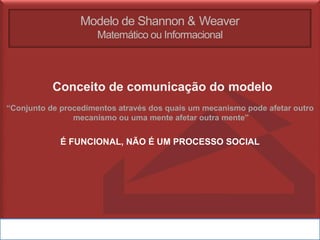 Modelo de Shannon & Weaver
Matemático ou Informacional
Conceito de comunicação do modelo
“Conjunto de procedimentos através dos quais um mecanismo pode afetar outro
mecanismo ou uma mente afetar outra mente”
É FUNCIONAL, NÃO É UM PROCESSO SOCIAL
 