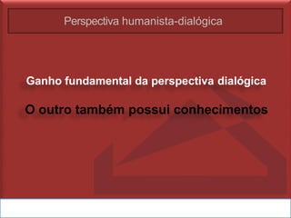 Perspectiva humanista-dialógica
Ganho fundamental da perspectiva dialógica
O outro também possui conhecimentos
 