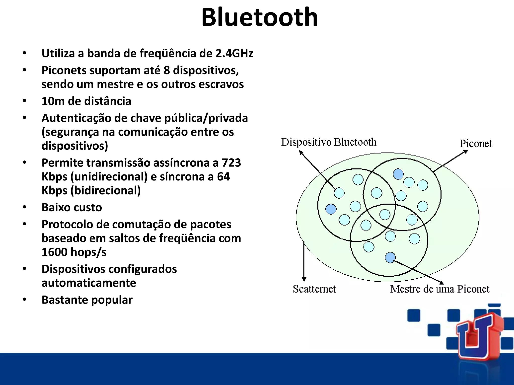 Bluetooth
• Utiliza a banda de freqüência de 2.4GHz
• Piconets suportam até 8 dispositivos,
sendo um mestre e os outros escravos
• 10m de distância
• Autenticação de chave pública/privada
(segurança na comunicação entre os
dispositivos)
• Permite transmissão assíncrona a 723
Kbps (unidirecional) e síncrona a 64
Kbps (bidirecional)
• Baixo custo
• Protocolo de comutação de pacotes
baseado em saltos de freqüência com
1600 hops/s
• Dispositivos configurados
automaticamente
• Bastante popular
 