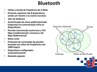 Bluetooth
• Utiliza a banda de freqüência de 2.4GHz
• Piconets suportam até 8 dispositivos,
sendo um mestre e os outros escravos
• 10m de distância
• Autenticação de chave pública/privada
(segurança na comunicação entre os
dispositivos)
• Permite transmissão assíncrona a 723
Kbps (unidirecional) e síncrona a 64
Kbps (bidirecional)
• Baixo custo
• Protocolo de comutação de pacotes
baseado em saltos de freqüência com
1600 hops/s
• Dispositivos configurados
automaticamente
• Bastante popular
 