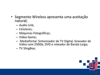 • Segmento Wireless apresenta uma aceitação
natural;
– Audio Link;
– Celulares;
– Máquinas Fotográficas;
– Video Game;
– MediaPortal: Sintonizador de TV Digital, Gravador de
Video com 250Gb, DVD e roteador de Banda Larga;
– TV SlingBox;
 