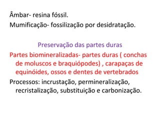 Âmbar- resina fóssil.
Mumificação- fossilização por desidratação.
Preservação das partes duras
Partes biomineralizadas- partes duras ( conchas
de moluscos e braquiópodes) , carapaças de
equinóides, ossos e dentes de vertebrados
Processos: incrustação, permineralização,
recristalização, substituição e carbonização.
 