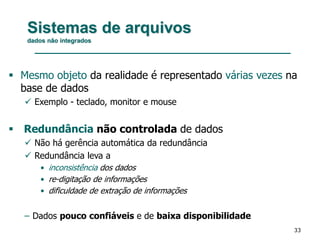 33
Sistemas de arquivos
dados não integrados
 Mesmo objeto da realidade é representado várias vezes na
base de dados
 Exemplo - teclado, monitor e mouse
 Redundância não controlada de dados
 Não há gerência automática da redundância
 Redundância leva a
• inconsistência dos dados
• re-digitação de informações
• dificuldade de extração de informações
– Dados pouco confiáveis e de baixa disponibilidade
 