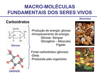 MACRO-MOLÉCULAS
FUNDAMENTAIS DOS SERES VIVOS
Carboidratos
Glicose
UNIDADE
Alimentos
-Produção de energia: glicose
-Armazenamento de energia:
Glicose- Sangue
Glicogênio – Músculos
Fígado
Fonte carboidratos (glicose):
-Dieta
-Produzida pelo organismo
 