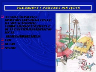 PRIO RIDADES E O BJETIVO S DAS AÇÕ ES
 AVALIAÇÃOINICIAL=
DIMENSIONAMENTODACENAE
DASITUAÇÃOGERAL.
VERIFICARDOQUESETRATAE
QUANTASVÍTIMASEXISTEMNO
LOCAL
REGRASPRIORITÁRIAS!
 VER
 OUVIR
 SENTIR
 