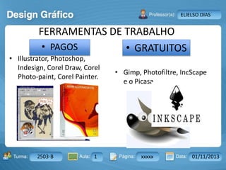 Aula: Pág: Data:10 10 a 17 18-jan-122503-BTurma:
Instrutor: Ricardo Paladini Matos
2503-B 1 xxxxx 01/11/2013
ELIELSO DIAS
FERRAMENTAS DE TRABALHO
• PAGOS
• Illustrator, Photoshop,
Indesign, Corel Draw, Corel
Photo-paint, Corel Painter.
• GRATUITOS
• Gimp, Photofiltre, IncScape
e o Picasa.
 