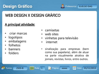 Aula: Pág: Data:10 10 a 17 18-jan-122503-BTurma:
Instrutor: Ricardo Paladini Matos
2503-B 1 xxxxx 01/11/2013
ELIELSO DIAS
A principal atividade:
• criar marcas
• logotipos
• embalagens
• folhetos
• banners
• folders
WEB DESIGN X DESIGN GRÁFICO
• sinalização para empresas (bem
como sua papelaria), além de atuar
na parte visualmente atrativa de
jornais, revistas, livros, entre outros.
• camisetas
• web sites
• vinhetas para televisão
• internet
 