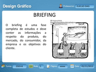 Aula: Pág: Data:10 10 a 17 18-jan-122503-BTurma:
Instrutor: Ricardo Paladini Matos
2503-B 1 xxxxx 01/11/2013
ELIELSO DIAS
BRIEFING
O briefing é uma fase
completa de estudos e deve
conter as informações a
respeito do produto, do
mercado, do consumidor, da
empresa e os objetivos do
cliente.
 