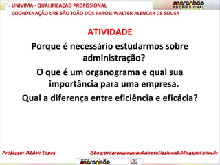 ATIVIDADE
Porque é necessário estudarmos sobre
administração?
O que é um organograma e qual sua
importância para uma empresa.
Qual a diferença entre eficiência e eficácia?
UNIVIMA - QUALIFICAÇÃO PROFISSIONAL
Professor Aldeir Lopes
COORDENAÇÃO URE SÃO JOÃO DOS PATOS: WALTER ALENCAR DE SOUSA
Blog:programamaranhaoprofissional.blogspot.com.br
 