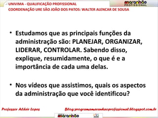 • Estudamos que as principais funções da
administração são: PLANEJAR, ORGANIZAR,
LIDERAR, CONTROLAR. Sabendo disso,
explique, resumidamente, o que é e a
importância de cada uma delas.
• Nos vídeos que assistimos, quais os aspectos
da administração que você identificou?
UNIVIMA - QUALIFICAÇÃO PROFISSIONAL
Professor Aldeir Lopes
COORDENAÇÃO URE SÃO JOÃO DOS PATOS: WALTER ALENCAR DE SOUSA
Blog:programamaranhaoprofissional.blogspot.com.br
 