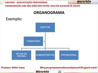ORGANOGRAMA
Exemplo:
UNIVIMA - QUALIFICAÇÃO PROFISSIONAL
Professor Aldeir Lopes
COORDENAÇÃO URE SÃO JOÃO DOS PATOS: WALTER ALENCAR DE SOUSA
Blog:programamaranhaoprofissional.blogspot.com.br
 