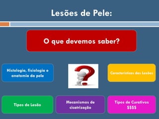 Lesões de Pele:
O que devemos saber?
Características das Lesões
Histologia, fisiologia e
anatomia da pele
Mecanismos de
cicatrização
Tipos de Lesão
Tipos de Curativos
$$$$
 