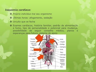 Isquemia cardíaca:
 Próprio indivíduo trai seu organismo
 Últimas horas: afogamento, sedação
 circuito que se fecha
 Exames cardíacos, história familiar, padrão de alimentação
e fumo, tipo de personalidade e potencial para mudança,
possibilidade de seguir conselho médico, planos e
esperanças para futuro, sistema de apoio
 