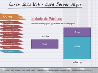 Curso: Java na Web - Java Server Pages | Evandro Júnior – evandrojunior21@gmail.com | www.evandrojunior.pro.br
Include de Páginas:Menu
Podemos inserir páginas .jsp externas em outras páginas.
Index
Topo
Topo
topo.jsp
index.jsp
1 . Introdução
2 . Primeiro JSP
3 . Tipos de variáveis
4 . Conversões
5 . Operadores
6 . IF
7 . Switch - Case
8 . Include
9 . Formulário
 