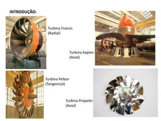 INTRODUÇÃO:
Turbina Francis
(Radial)
Turbina Kaplan
(Axial)
Turbina Pelton
(Tangencial)
Turbina Propeler
(Axial)
 