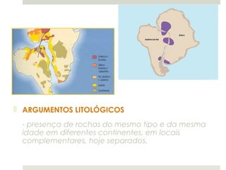  ARGUMENTOS LITOLÓGICOS

 - presença de rochas do mesmo tipo e da mesma
 idade em diferentes continentes, em locais
 complementares, hoje separados.
 