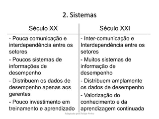 2. Sistemas 
Século XX Século XXI 
- Pouca comunicação e 
interdependência entre os 
setores 
- Poucos sistemas de 
informações de 
desempenho 
- Distribuem os dados de 
desempenho apenas aos 
gerentes 
- Pouco investimento em 
treinamento e aprendizado 
- Inter-comunicação e 
Interdependência entre os 
setores 
- Muitos sistemas de 
informação de 
desempenho 
- Distribuem amplamente 
os dados de desempenho 
- Valorização do 
conhecimento e da 
aprendizagem continuada 
Adaptado prof.Felipe Pinho 
 