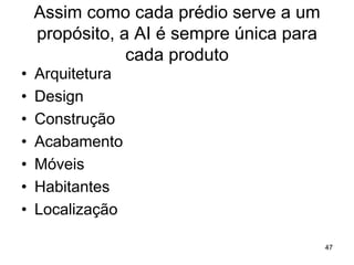 Assim como cada prédio serve a um
propósito, a AI é sempre única para
cada produto
• Arquitetura
• Design
• Construção
• Acabamento
• Móveis
• Habitantes
• Localização
47
 