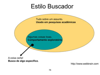 78
Estilo Buscador
Tudo sobre um assunto.
Usado em pesquisas acadêmicas
Algumas coisas boas.
Comportamento exploratório
A coisa certa!
Busca de algo específico.
http://www.webbrain.com
 