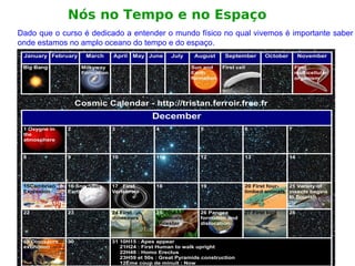 Nós no Tempo e no Espaço
Dado que o curso é dedicado a entender o mundo físico no qual vivemos é importante saber
onde estamos no amplo oceano do tempo e do espaço.
 