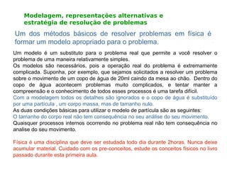 Modelagem, representações alternativas e
estratégia de resolução de problemas
Um dos métodos básicos de resolver problemas em física é
formar um modelo apropriado para o problema.
Um modelo é um substituto para o problema real que permite a você resolver o
problema de uma maneira relativamente simples.
Os modelos são necessários, pois a operação real do problema é extremamente
complicada. Suponha, por exemplo, que sejamos solicitados a resolver um problema
sobre o movimento de um copo de água de 20ml caindo da mesa ao chão. Dentro do
copo de água acontecem problemas muito complicados, e tentar manter a
compreensão e o conhecimento de todos esses processos é uma tarefa difícil.
Com a modelagem todos os detalhes são ignorados e o copo de água é substituído
por uma partícula , um corpo massa, mas de tamanho nulo.
As duas condições básicas para utilizar o modelo de partícula são as seguintes:
O tamanho do corpo real não tem consequência no seu análise do seu movimento.
Quaisquer processos internos ocorrendo no problema real não tem consequência no
analise do seu movimento.
Física é uma disciplina que deve ser estudada todo dia durante 2horas. Nunca deixe
acumular material. Cuidado com os pre-conceitos, estude os conceitos físicos no livro
passado durante esta primeira aula.
 