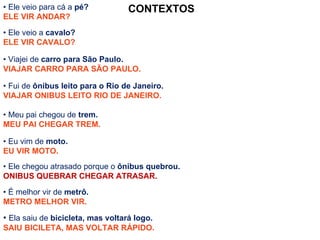 •  Ele veio para cá a  pé? ELE VIR ANDAR? •  Ele veio a  cavalo? ELE VIR CAVALO? •  Viajei de  carro para São Paulo. VIAJAR CARRO PARA SÃO PAULO. •  Fui de  ônibus leito para o Rio de Janeiro. VIAJAR ONIBUS LEITO RIO DE JANEIRO. •  Meu pai chegou de  trem. MEU PAI CHEGAR TREM. •  Eu vim de  moto. EU VIR MOTO. •  Ele chegou atrasado porque o  ônibus quebrou. ONIBUS QUEBRAR CHEGAR ATRASAR. •  É melhor vir de  metrô. METRO MELHOR VIR. •  Ela saiu de  bicicleta, mas voltará logo. SAIU BICILETA, MAS VOLTAR RÁPIDO. CONTEXTOS 