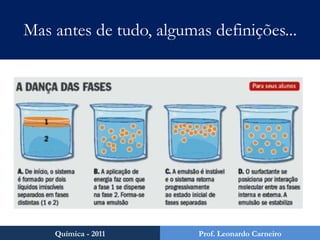 Mas antes de tudo, algumas definições...Substância: é qualquer espécie de matéria formada por átomos de elementos específicos em proporções específicas. Cada substância possui um conjunto definido de propriedades e uma composição química. Simples: substâncias formadas por apenas um tipo de átomo (os gases são ótimos exemplos, como F2, N2 e O2).Compostas:  substâncias formadas por mais de um tipo de átomo (NH3, CO2, CH3COOH...).Química - 2011Prof. Leonardo Carneiro