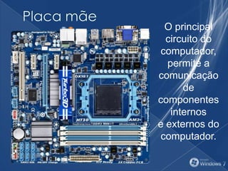 O principal
circuito do
computador,
permite a
comunicação
de
componentes
internos
e externos do
computador.
 