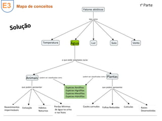 E3 Mapa de conceitos 1ª Parte
Água
Animais Plantas
Revestimentos
impermeáveis
Estivação Hábitos
Noturnos
Perdas Mínimas
de água na urina
e nas fezes
Caules carnudos Folhas Reduzidas Cutículas Raízes
Desenvolvidas
Espécies Xerófitas
Espécies Higrófilas
Espécies Mesófilas
Espécies Hidrófilas
 