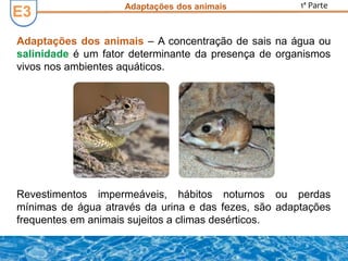 E3E3
1ª Parte
Adaptações dos animais – A concentração de sais na água ou
salinidade é um fator determinante da presença de organismos
vivos nos ambientes aquáticos.
Revestimentos impermeáveis, hábitos noturnos ou perdas
mínimas de água através da urina e das fezes, são adaptações
frequentes em animais sujeitos a climas desérticos.
Adaptações dos animais
 