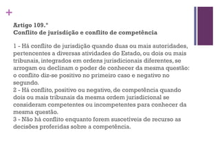 +
Artigo 109.º
Conflito de jurisdição e conflito de competência
1 - Há conflito de jurisdição quando duas ou mais autoridades,
pertencentes a diversas atividades do Estado, ou dois ou mais
tribunais, integrados em ordens jurisdicionais diferentes, se
arrogam ou declinam o poder de conhecer da mesma questão:
o conflito diz-se positivo no primeiro caso e negativo no
segundo.
2 - Há conflito, positivo ou negativo, de competência quando
dois ou mais tribunais da mesma ordem jurisdicional se
consideram competentes ou incompetentes para conhecer da
mesma questão.
3 - Não há conflito enquanto forem suscetíveis de recurso as
decisões proferidas sobre a competência.
 