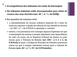 +3. A competência dos tribunais em razão da hierarquia
n Os tribunais judiciais estão hierarquizados para efeito de
recurso das suas decisões (art. 42.º, n.º 1, da LOSJ).
n Em questões de natureza cível:
n a admissibilidade de recurso ordinário depende de o valor da
causa ser superior à alçada do tribunal de cuja decisão se recorre
– art. 629.º, n.º 1 do C.P.Civil (a apelação e a revista);
n todavia, a lei processual civil consagra algumas hipóteses em que
a interposição de recurso é sempre admissível, sem dependência
do valor da causa, até ao Supremo Tribunal de Justiça ou, pelo
menos, para o Tribunal da Relação (art. 629.º, n.ºs 2 e 3, do
C.P.Civil) às quais o Código de Processo do Trabalho acrescenta
outras em que é sempre admissível recurso para o tribunal da
Relação (arts. 40.º, n.º 1, 79.º do C.P.Trabalho).
 