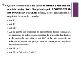 +n Quanto à competência dos juízos de família e menores em
matéria tutelar cível, disciplinada pelo REGIME GERAL
DO PROCESSO TUTELAR CÍVEL, estão consagrados os
seguintes factores de conexão:
n art. 3.º
n art. 9.º
n art. 11.º
n Ainda quanto aos processos da competência desses juízos, para
os processos de aplicação das medidas de promoção dos direitos
e de protecção previstos no art. 35.º da Lei de protecção de
crianças e jovens em perigo, esta lei consagra os seguintes
factores de conexão:
n art. 79.º, n.º 1
n art. 79.º, n.ºs 2 e 3, 91.º e 92.º
 