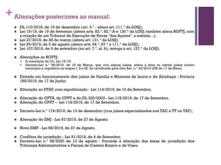 +Alterações posteriores ao manual:
n DL 110/2018, de 10 de dezembro (art. 3.º - altera art. 111.º da LOSJ);
n Lei 19/19, de 19 de fevereiro (altera arts. 82.º, 82.º-A e 130.º da LOSJ; também altera ROFTJ, com
a criação de um Tribunal de Execução de Penas "dos Açores", a instalar...);
n Lei 27/2019, de 28 de março (altera art. 131.º da LOSJ);
n Lei 55/2019, de 5 de agosto (altera arts. 54.º, 67.º e 111.º da LOSJ);
n Lei 107/2019, de 9 de setembro (no art. 7.º, al. b), revoga o art. 127.º da LOSJ).
n Alterações ao ROFTJ:
n A resultante da Cit. Lei 19/19;
n Decreto-Lei n.º 38/2019, de 18 de Março, que cria alguns juízos, altera a área ou instala juízos noutro
município e republica os mapas I, II e III; foi rectificado pela Dec.Ret. n.º 22/2019 (DR de 17 de Maio).
n Entrada em funcionamento dos juízos de Família e Menores de Leiria e de Alcobaça - Portaria
185/2019, de 17 de Junho.
n Alteração ao ETAF, com republicação - Lei 114/2019, de 12 de Setembro.
n Alteração do CPTA, do CPPT e do DL 325/2003 - Lei 118/2019, de 17 de Setembro.
n Alteração do CPPT – Lei 118/2019, de 17 de Setembro.
n Decreto-Lei n.º 174/2019, de 13 de dezembro (cria juízos especializados nos TAC e TT ou TAF);
n Alteração do EMJ - Lei 67/2019, de 27 de Agosto.
n Novo EMP - Lei 68/2019, de 27 de Agosto.
n Conflitos de jurisdição - Lei 91/2019, de 4 de Setembro.
n Decreto-Lei n.º 58/2020 de 13 de agosto - Procede à alteração das áreas de jurisdição dos
Tribunais Administrativos e Fiscais de Castelo Branco e de Viseu
 