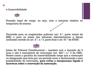 +
n Inamovibilidade
Duração legal do cargo, ou seja, com a natureza vitalícia ou
temporária do mesmo
Garantida para os magistrados judiciais (art. 6.º, parte inicial do
EMJ) e para os juízes dos tribunais administrativos e fiscais
(remissão contida no art. 3.º, n.º 3, parte final e art. 57.º do ETAF)
Juízes do Tribunal Constitucional – mandato tem a duração de 9
anos e não é susceptível de renovação (art. 222.º, n.º 3 da CRP).
Nestes casos a garantia da inamovibilidade exige que a nomeação
ou designação seja feita por um período certo e determinado e sem
possibilidade de renovação, para evitar a insegurança ligada à
incerteza sobre a renovação da nomeação.
 