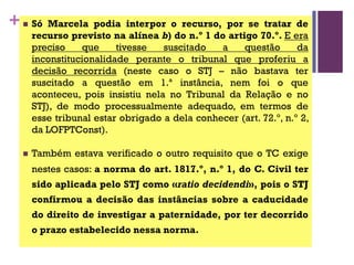 +n Só Marcela podia interpor o recurso, por se tratar de
recurso previsto na alínea b) do n.º 1 do artigo 70.º. E era
preciso que tivesse suscitado a questão da
inconstitucionalidade perante o tribunal que proferiu a
decisão recorrida (neste caso o STJ – não bastava ter
suscitado a questão em 1.ª instância, nem foi o que
aconteceu, pois insistiu nela no Tribunal da Relação e no
STJ), de modo processualmente adequado, em termos de
esse tribunal estar obrigado a dela conhecer (art. 72.º, n.º 2,
da LOFPTConst).
n Também estava verificado o outro requisito que o TC exige
nestes casos: a norma do art. 1817.º, n.º 1, do C. Civil ter
sido aplicada pelo STJ como «ratio decidendi», pois o STJ
confirmou a decisão das instâncias sobre a caducidade
do direito de investigar a paternidade, por ter decorrido
o prazo estabelecido nessa norma.
 