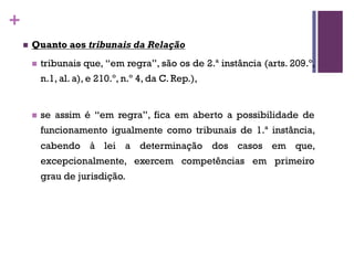 +
n Quanto aos tribunais da Relação
n tribunais que, “em regra”, são os de 2.ª instância (arts. 209.º,
n.1, al. a), e 210.º, n.º 4, da C. Rep.),
n se assim é “em regra”, fica em aberto a possibilidade de
funcionamento igualmente como tribunais de 1.ª instância,
cabendo à lei a determinação dos casos em que,
excepcionalmente, exercem competências em primeiro
grau de jurisdição.
 