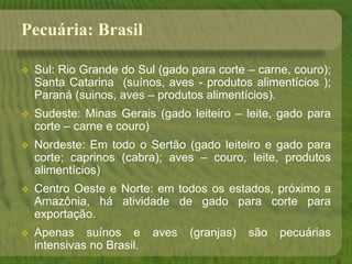 Pecuária: Brasil
 Sul: Rio Grande do Sul (gado para corte – carne, couro);
Santa Catarina (suínos, aves - produtos alimentícios );
Paraná (suinos, aves – produtos alimentícios).
 Sudeste: Minas Gerais (gado leiteiro – leite, gado para
corte – carne e couro)
 Nordeste: Em todo o Sertão (gado leiteiro e gado para
corte; caprinos (cabra); aves – couro, leite, produtos
alimentícios)
 Centro Oeste e Norte: em todos os estados, próximo a
Amazônia, há atividade de gado para corte para
exportação.
 Apenas suínos e aves (granjas) são pecuárias
intensivas no Brasil.
 
