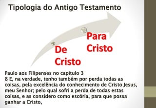 De
Cristo
Para
Cristo
Tipologia do Antigo Testamento
Paulo aos Filipenses no capitulo 3
8 E, na verdade, tenho também por perda todas as
coisas, pela excelência do conhecimento de Cristo Jesus,
meu Senhor; pelo qual sofri a perda de todas estas
coisas, e as considero como escória, para que possa
ganhar a Cristo,
 