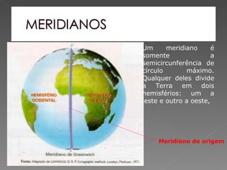 Um      meridiano      é
somente                a
semicircunferência de
círculo       máximo.
Qualquer deles divide
a    Terra   em    dois
hemisférios: um a
leste e outro a oeste,




     Meridiano de origem
 