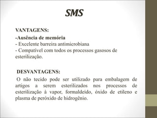 SMS
VANTAGENS:
-Ausência de memória
- Excelente barreira antimicrobiana
- Compatível com todos os processos gasosos de
esterilização.
DESVANTAGENS:
O não tecido pode ser utilizado para embalagem de
artigos a serem esterilizados nos processos de
esterilização à vapor, formaldeído, óxido de etileno e
plasma de peróxido de hidrogênio.
 