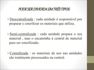 PODESERDIVIDIDAEMTRÊSTIPOS:
Descentralizada : cada unidade é responsável por
preparar e esterilizar os materiais que utiliza.
Semi-centralizada : cada unidade prepara o seu
material , mas o encaminha à central de material
para ser esterilizado.
Centralizada : os materiais de uso nas unidades
são totalmente processados na central.
 