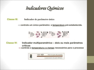 IndicadoresQuímicos
Indicador de parâmetro único
Classe III:
 controla um único parâmetro: a temperatura pré-estabelecida.
Indicador multiparamétrico – dois ou mais parâmetros
críticos
Classe IV:
 controla a temperatura e o tempo necessários para o processo
 