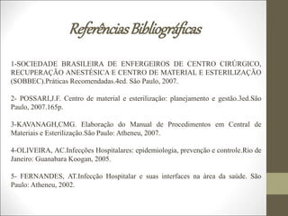 ReferênciasBibliográficas
1-SOCIEDADE BRASILEIRA DE ENFERGEIROS DE CENTRO CIRÚRGICO,
RECUPERAÇÃO ANESTÉSICA E CENTRO DE MATERIAL E ESTERILIZAÇÃO
(SOBBEC).Práticas Recomendadas.4ed. São Paulo, 2007.
2- POSSARI,J.F. Centro de material e esterilização: planejamento e gestão.3ed.São
Paulo, 2007.165p.
3-KAVANAGH,CMG. Elaboração do Manual de Procedimentos em Central de
Materiais e Esterilização.São Paulo: Atheneu, 2007.
4-OLIVEIRA, AC.Infecções Hospitalares: epidemiologia, prevenção e controle.Rio de
Janeiro: Guanabara Koogan, 2005.
5- FERNANDES, AT.Infecção Hospitalar e suas interfaces na área da saúde. São
Paulo: Atheneu, 2002.
 