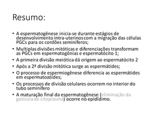 Resumo:
• A	espermatogênese	inicia-se	durante	estágios	de	
desenvolvimento	intra-uterinoscom	a	migração	das	células	
PGCs para	os	cordões	seminíferos;
• Multiplas divisões	mitóticas	e	diferenciações	transformam	
as	PGCs em	espermatogônias	e	espermatócito 1;
• A	primeira	divisão	meiótica	dá	origem	ao	espermatócito 2
• Após	a	2ª	divisão	mitótica	surge	as	espermátides;
• O	processo	de	espermiogênese	diferencia	as	espermátides	
em	espermatozóides;
• Os	processos	de	divisão	celulares	ocorrem	no	interior	do	
tubo	seminífero
• A	maturação	final	da	espermatogênese	(eliminação	da	
gotícula	de	citoplasma)	ocorre	no	epidídimo.
 