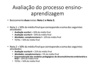 Avaliação	do	processo	ensino-
aprendizagem
• Basicamente	duas notas:	Nota	1	e	Nota	2.
• Nota	1	=	50%	da	média	final	que	corresponde	a	soma	das	seguintes	
atividades:
• Avaliação	escrita	I =	20%	da	média	final
• Avaliação	escrita	II =	20%	da	média	final
• Atividades	complementares	I =	10%	da	média	final
• TOTAL	=	50%	da	média	final
• Nota	2	=	50%	da	média	final	que	corresponde	a	soma	das	seguintes	
atividades:
• Avaliação	escrita	III	=	25%	da	média	final
• Atividades	complementares =	5%	da	média	final
• Esquematização	dos	modelos	pedagógicos	do	desenvolvimento	embrionário	e	
fetal	=	20%	da	média	final
• TOTAL	=	50%	da	média	final
 